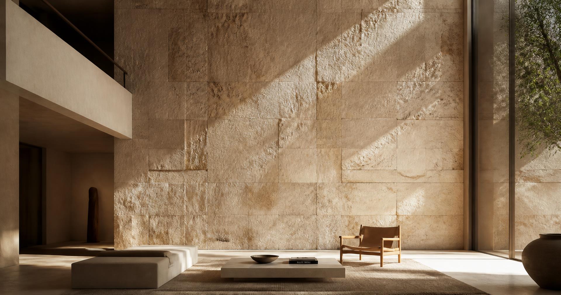 Sala de estar com revestimento em pedra natural