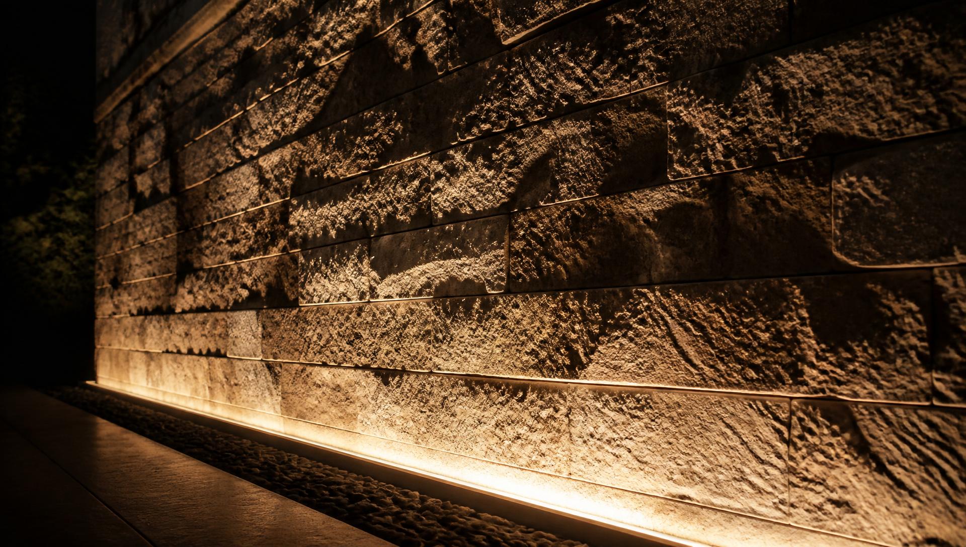 Parede em pedra natural Rockface iluminada por luz rasante, revelando relevo e profundidade