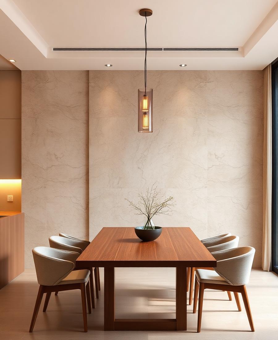 Sala de jantar com revestimento em pedra para parede
