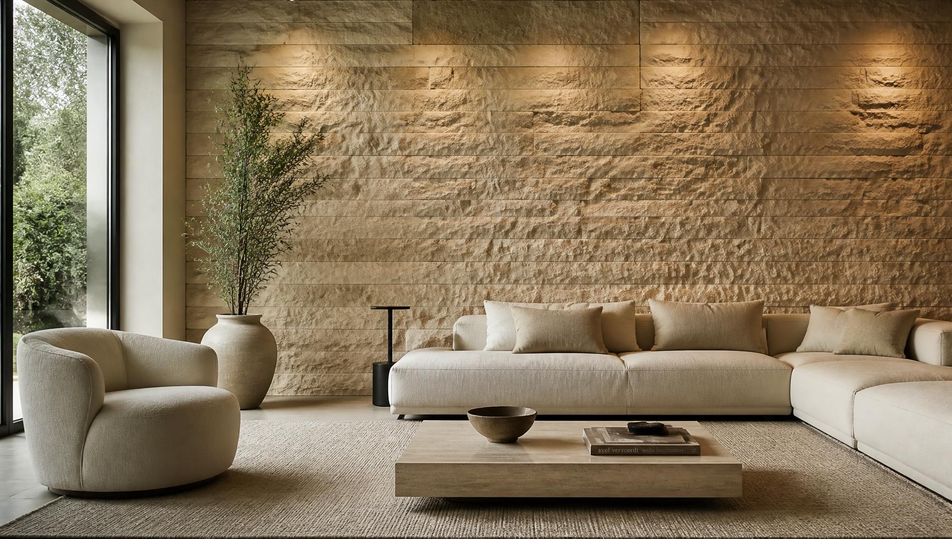 Sala de estar sofisticada com parede revestida em pedra natural Rockface em Travertino Nacional